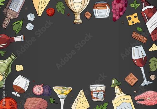 Hand drawn alcohol collection with space for text on black background. Vector alcohol, drinks and food collection
