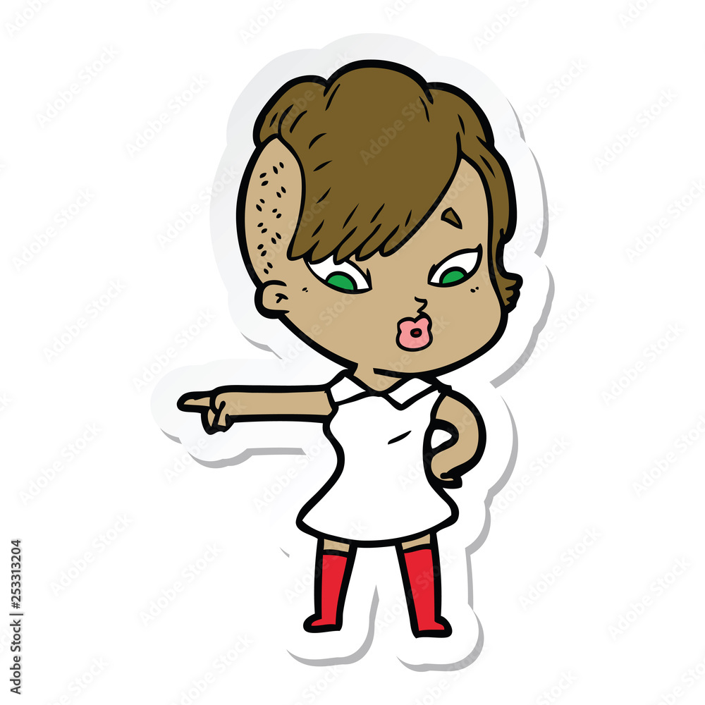 sticker of a cartoon surprised girl pointing sticker of a cartoon surprised girl pointing