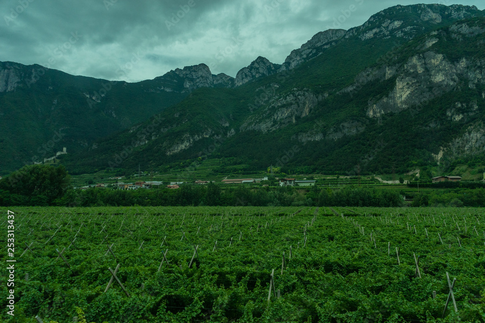 Italy,La Spezia to Kasltelruth train, a large green field with a mountain in the background Italy,La Spezia to Kasltelruth train, a large green field with a mountain in the background