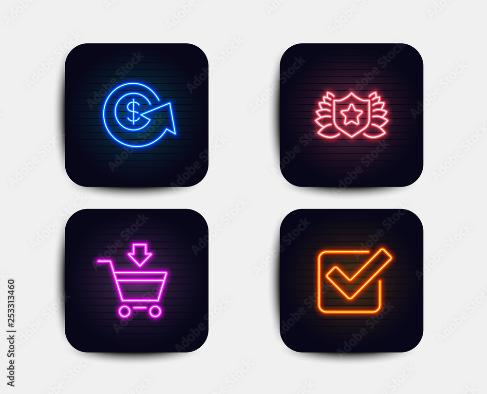 Neon set of Dollar exchange, Laureate and Online market icons. Checkbox sign. Money refund, Award shield, Shopping cart. Approved tick. Neon icons. Glowing light banners. Vector