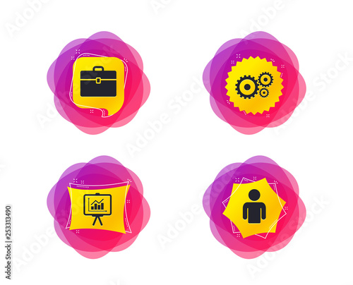 Business icons. Human silhouette and presentation board with charts signs. Case and gear symbols. Geometric gradient sales shapes. Creative banners. Template for design. Vector