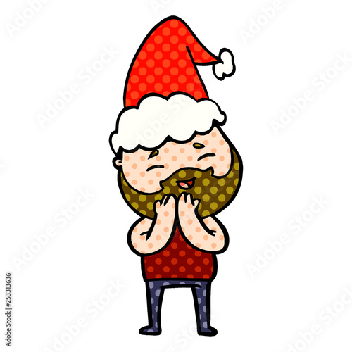 comic book style illustration of a happy bearded man wearing santa hat