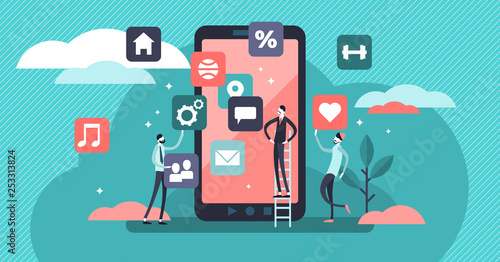 Mobile app vector illustration. Flat tiny phone application persons concept