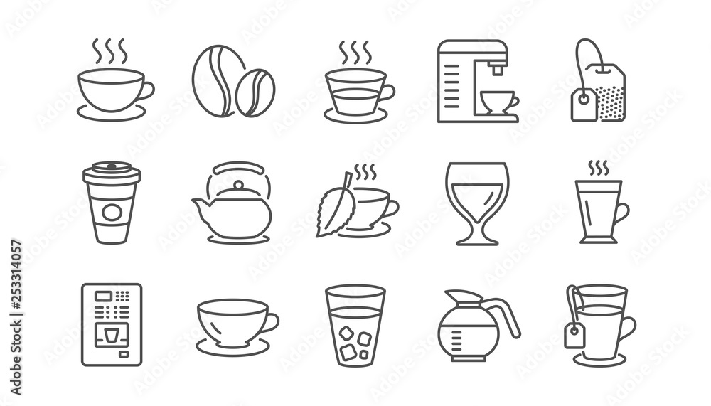Coffee and Tea line icons. Cappuccino, Teapot and Coffeepot. Coffee beans linear icon set.  Vector