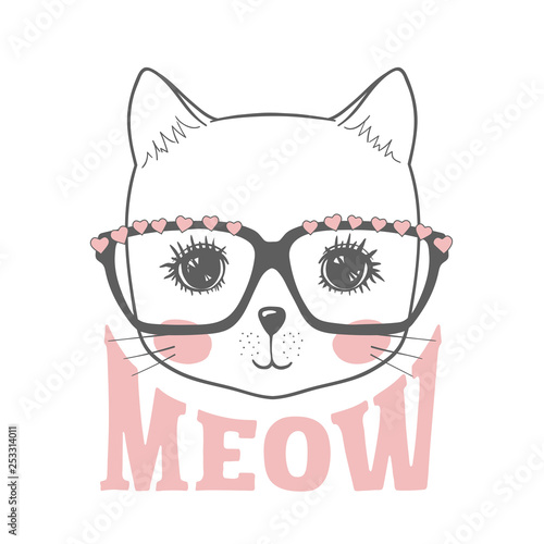 Cute cat girl face with glasses. Meow slogan. Cartoon vector illustration design for t-shirt graphics, fashion prints, slogan tees