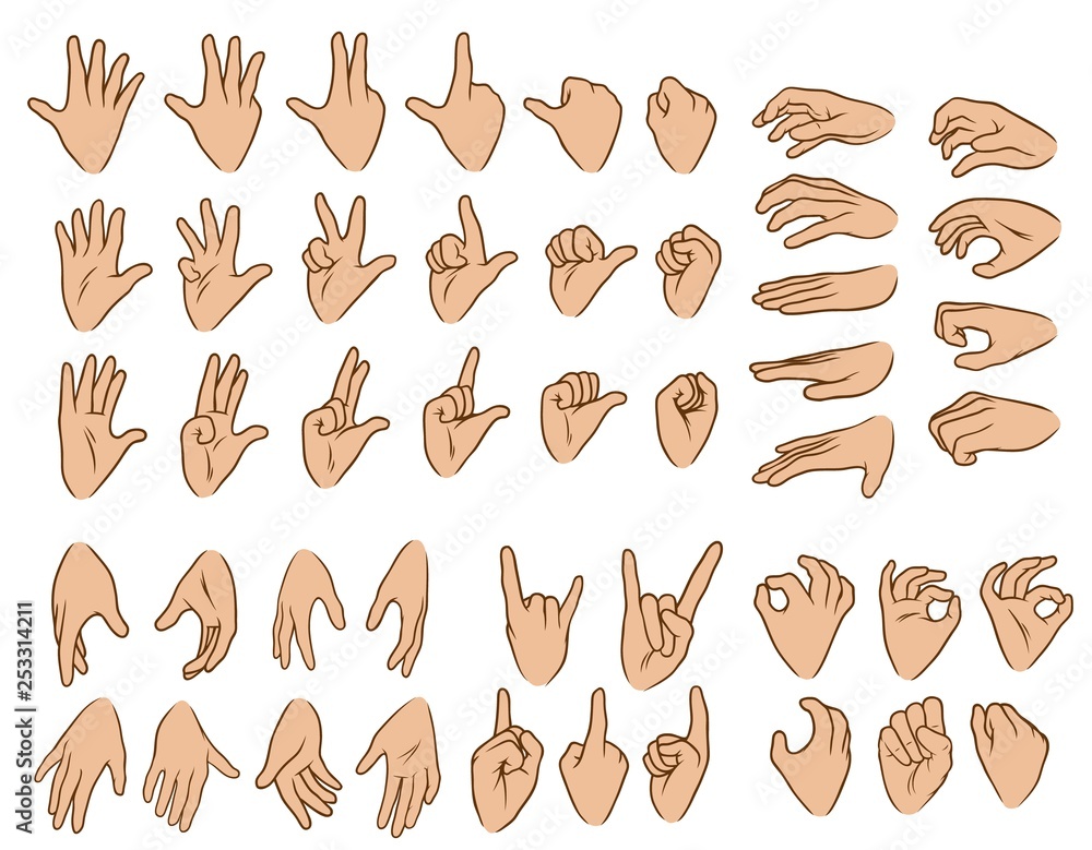 Cartoon graphic white human hands. Showing different gesture or sign. Rock and roll, okay, forefinger, palm and knuckle. Isolated on white background. Vector icons big set.