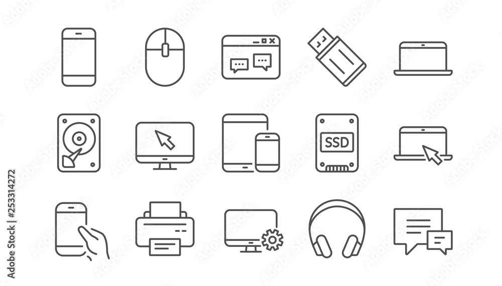 Device line icons. Laptop, SSD and Headphones. Printer linear icon set. Vector Device line icons. Laptop, SSD and Headphones. Printer linear icon set. Vector
