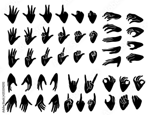 Cartoon graphic black silhouette human hands. Showing different gesture or sign. Rock and roll, okay, forefinger palm and knuckle. Isolated on white background. Vector icons big set.