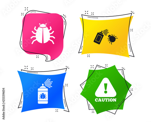 Bug disinfection icons. Caution attention symbol. Insect fumigation spray sign. Geometric colorful tags. Banners with flat icons. Trendy design. Vector