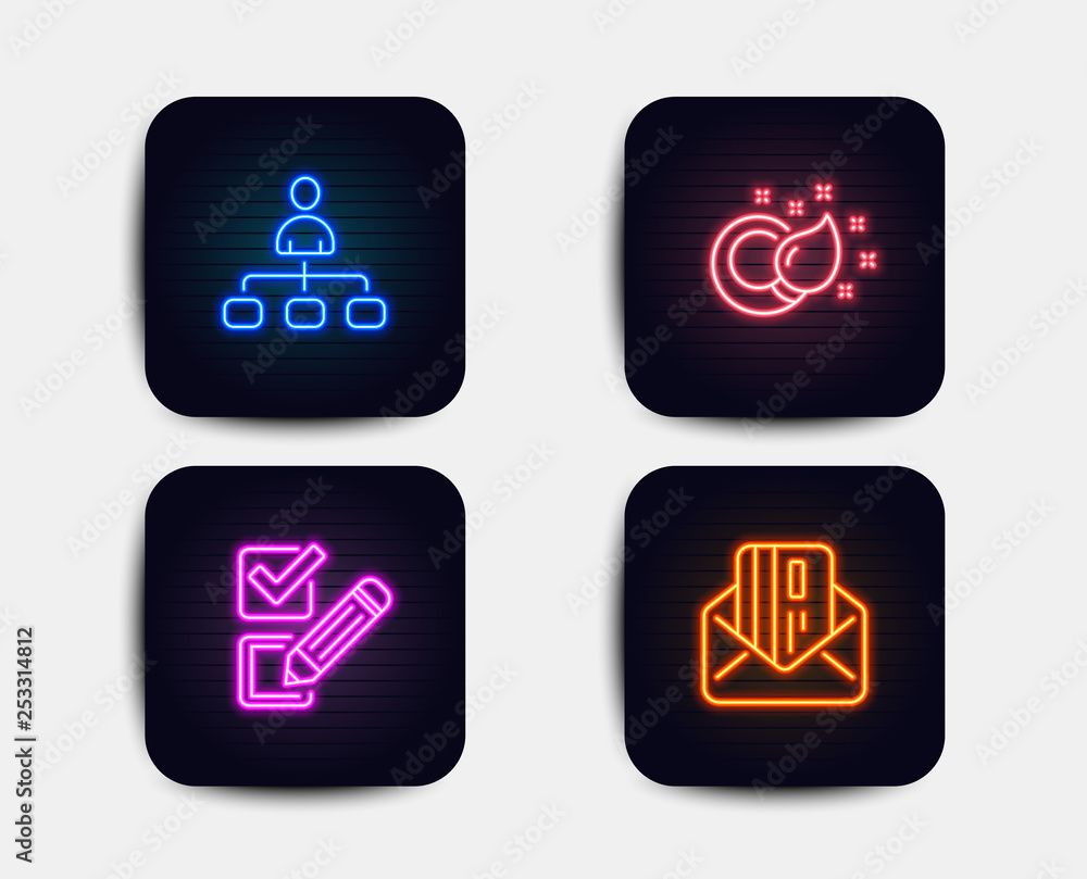 Neon glow lights. Set of Paint brush, Checkbox and Management icons. Credit card sign. Creativity, Survey choice, Agent. Mail.  Neon icons. Glowing light banners. Vector