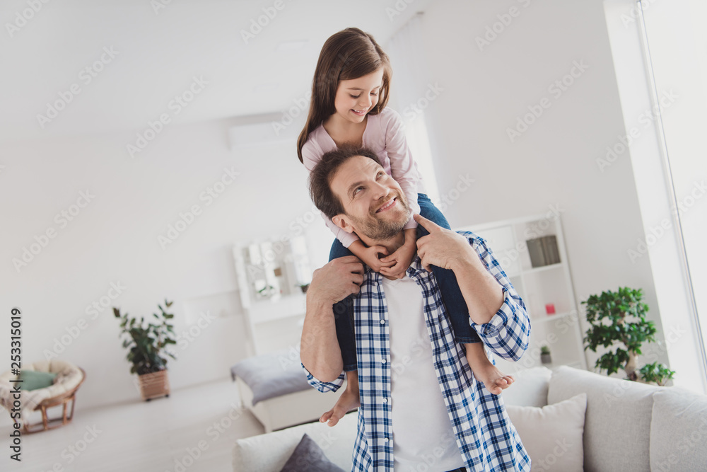 Portrait of his he her she nice cute lovely lovable sweet tender attractive pre-teen cheerful cheery positive girl handsome bearded dad daddy having fun in light white interior room indoors Portrait of his he her she nice cute lovely lovable sweet tender attractive pre-teen cheerful cheery positive girl handsome bearded dad daddy having fun in light white interior room indoors