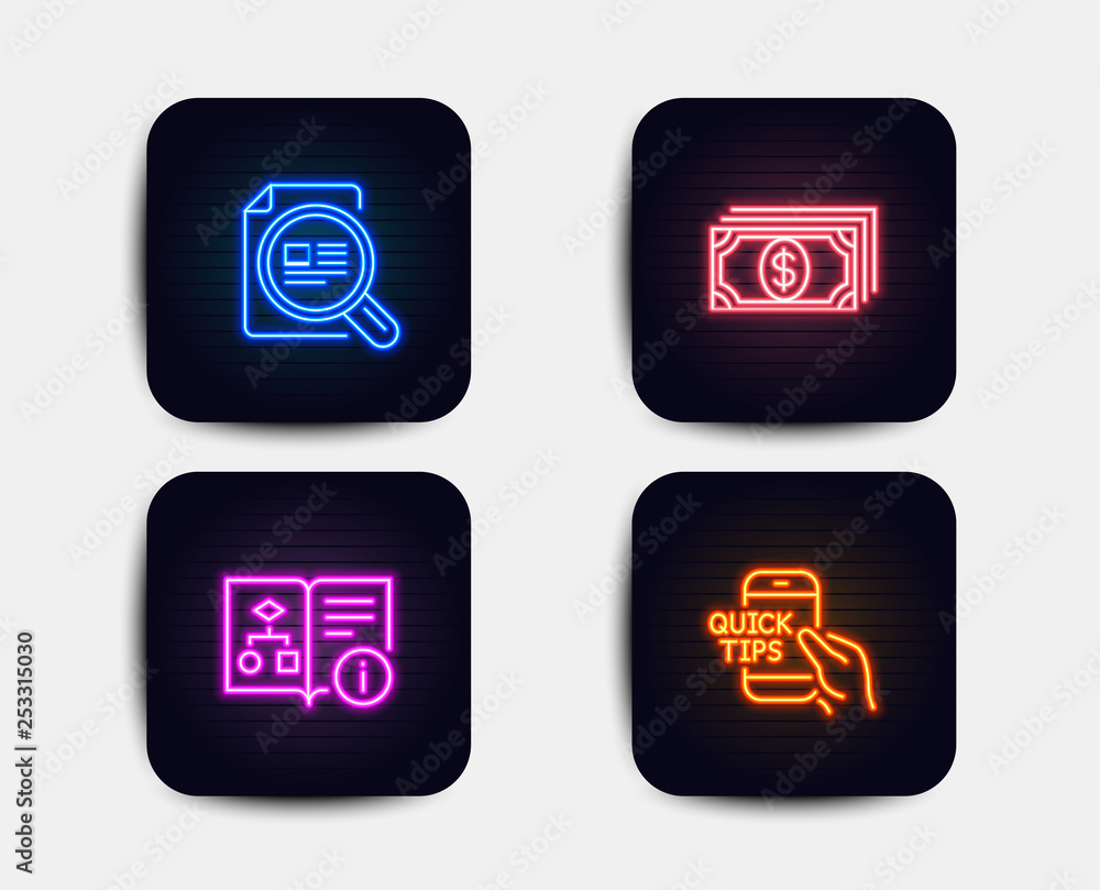 Neon glow lights. Set of Check article, Technical algorithm and Payment icons. Education sign. Magnifying glass, Project doc, Finance. Quick tips. Neon icons. Glowing light banners. Vector Neon glow lights. Set of Check article, Technical algorithm and Payment icons. Education sign. Magnifying glass, Project doc, Finance. Quick tips. Neon icons. Glowing light banners. Vector