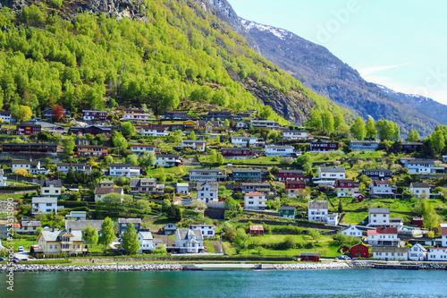The village of Aurlandsvangen at the coast of the Sogne fjord (Aurlands fjord)