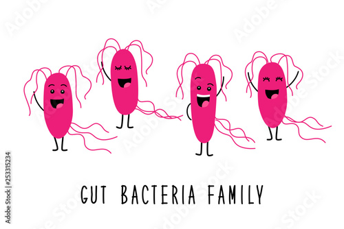 Funny gut bacteria family cartoon characters isolated on white, gut and intestinal flora, set in flat style