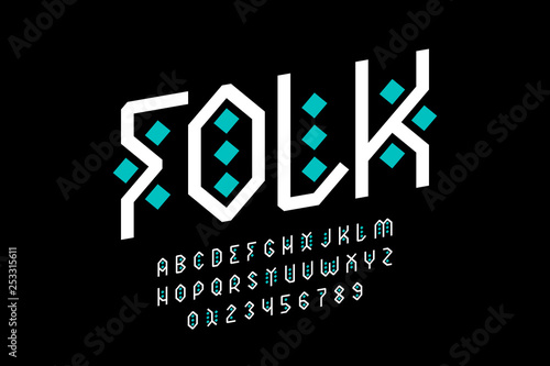 Folk style font design, tribal alphabet, letters and numbers