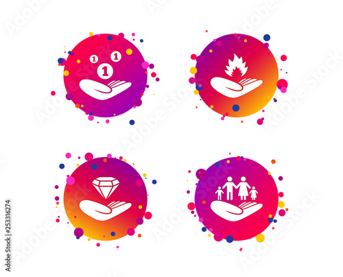 Helping hands icons. Financial money savings, family life insurance symbols. Diamond brilliant sign. Fire protection. Gradient circle buttons with icons. Random dots design. Vector