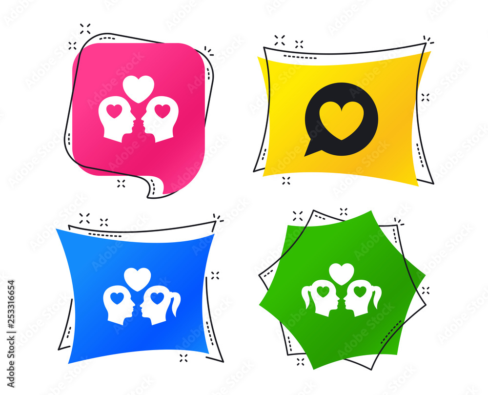 Couple love icon. Lesbian and Gay lovers signs. Romantic homosexual relationships. Speech bubble with heart symbol. Geometric colorful tags. Banners with flat icons. Trendy design. Vector