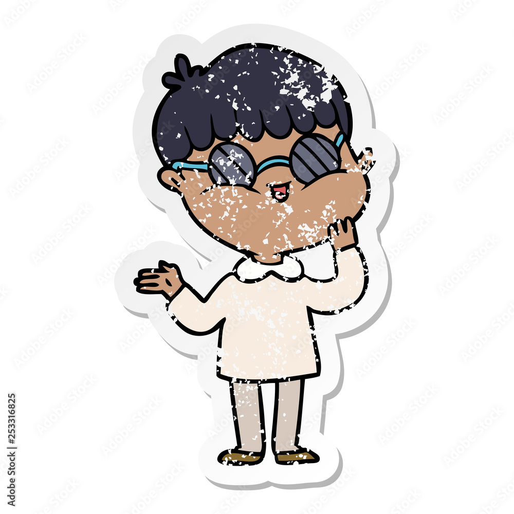 distressed sticker of a cartoon boy wearing spectacles distressed sticker of a cartoon boy wearing spectacles