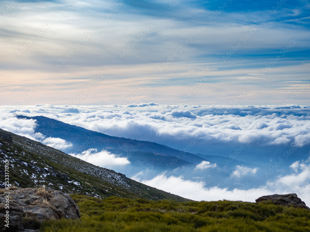 Landscape with a sea of clouds on the mountain in La Covatilla, Bejar (Salamanca)