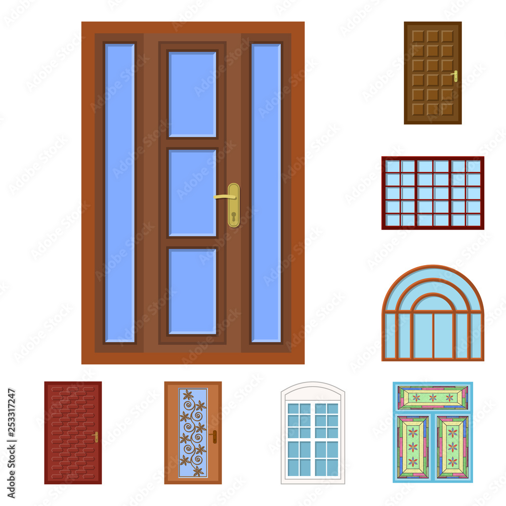 Obraz premium Na białym tle obiekt drzwi i przednie logo. Zestaw drzwi i drewniane symbol giełdowy dla sieci.