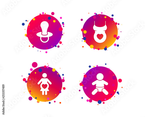 Maternity icons. Baby infant, pregnancy and dummy signs. Child pacifier symbols. Shirt with heart. Gradient circle buttons with icons. Random dots design. Vector