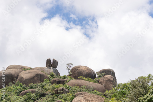 Rocky landscape in Pedra Grande Park in Atibaia, Sao Paulo, Brazil. On the top of the mountain there is a rock split in two struck by a lighting