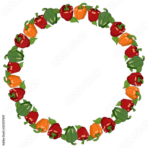 Fototapeta Naklejka Na Ścianę i Meble -  Round frame with bell peppers. Wreath with red, yellow and green sweet pepper on white background for your design