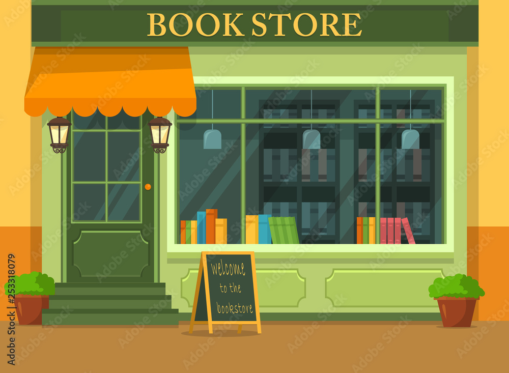 Bookstore or shop with books, store showcase Bookstore or shop with books, store showcase