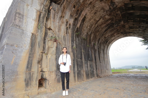 woman traveling to Ho citadel in Thanh Hoa,Vietnam