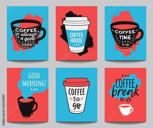 Vector set of modern posters with coffee backgrounds. Trendy hipster templates for flyers, banners, invitations, restaurant or cafe menu design.