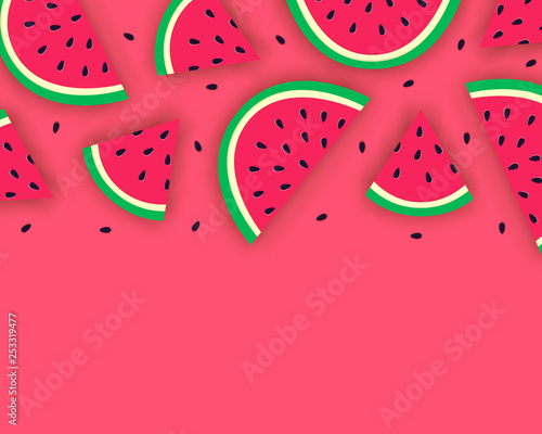 Vector summer background with juicy ripe watermelon slices in paper cut style. Healthy food illustration.