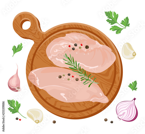 Fresh raw chicken fillet on cutting wooden board isolated on white background. Meat ready for cooking. Chicken breast and  onions, garlic, parsley, peppercorns, allspice, rosemary. Vector illustration