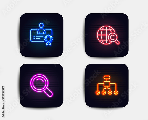 Neon glow lights. Set of International Ð¡opyright, Certificate and Search icons. Restructuring sign. World copywriting, Best employee, Magnifying glass. Delegate. Neon icons. Glowing light banners