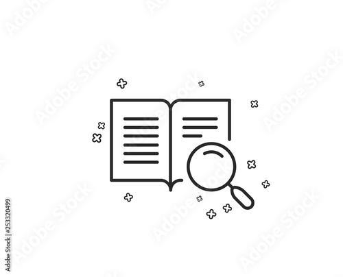 Search text line icon. Find word sign. Open book symbol. Geometric shapes. Random cross elements. Linear Search text icon design. Vector