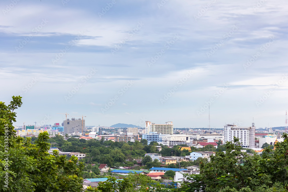 Beautiful view of town in chonburi city of thailand taken from hill in evening