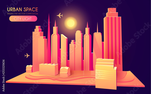 3D City Concept. Urban Background with Skyscrappers. Perspective Scene.