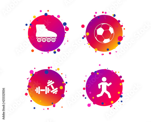 Football ball, Roller skates, Running icons. Fitness sport symbols. Gym workout equipment. Gradient circle buttons with icons. Random dots design. Vector