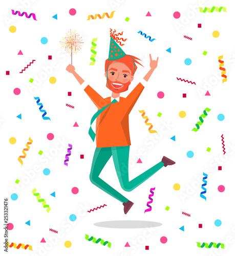 Redhead bearded man merrily jump on birthday party. Happy male cartoon character in festive hat and sparkler leap of joy with hands up, vector on tinsels