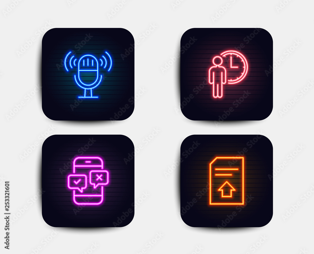 Neon glow lights. Set of Waiting, Microphone and Phone survey icons. Upload file sign. Service time, Mic, Mobile quiz test. Load document.  Neon icons. Glowing light banners. Vector