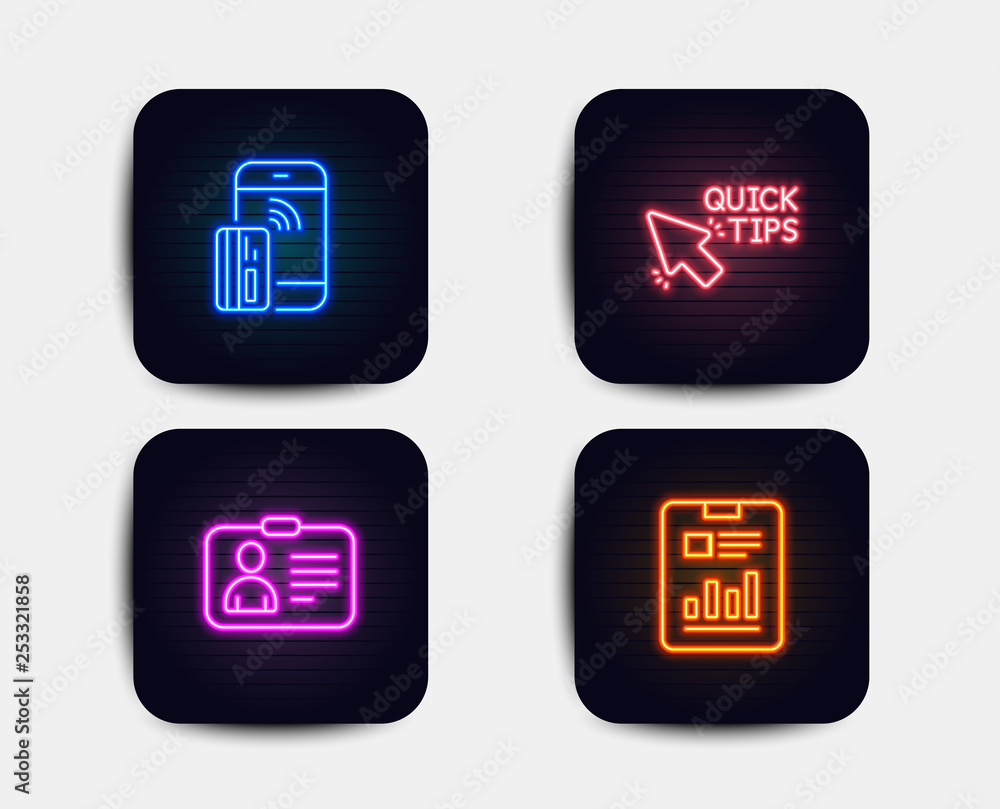 Neon set of Quick tips, Contactless payment and Id card icons. Report document sign. Helpful tricks, Phone money, Human document. Page with charts. Neon icons. Glowing light banners Neon set of Quick tips, Contactless payment and Id card icons. Report document sign. Helpful tricks, Phone money, Human document. Page with charts. Neon icons. Glowing light banners