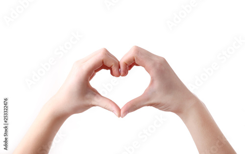 Female hands in heart shape on white background