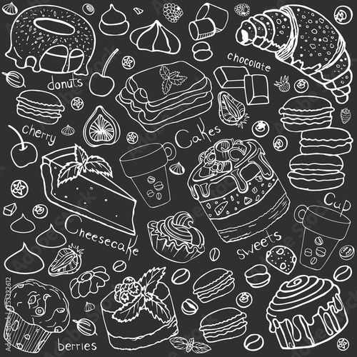 Craftsy pattern with cakes on korichnevoy background white outline. The seamless pattern is drawn by hand. In the picture  marshmallows  macaroons  cakes  berries  and sweets.