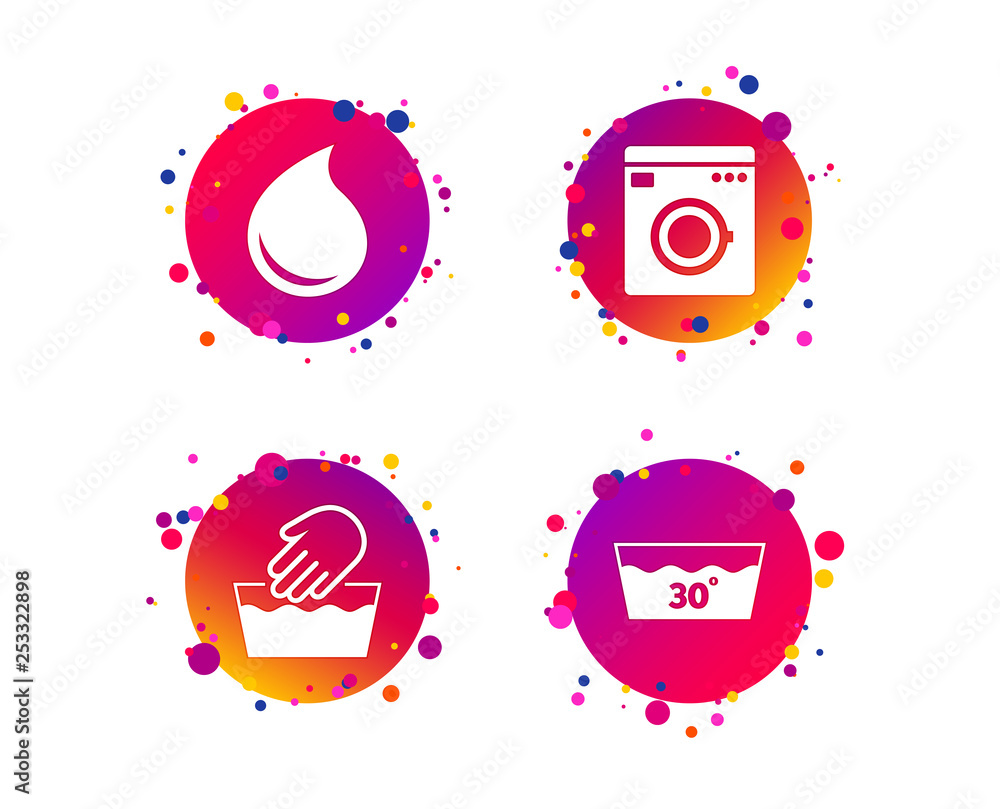 Hand wash icon. Machine washable at 30 degrees symbols. Laundry washhouse and water drop signs. Gradient circle buttons with icons. Random dots design. Vector