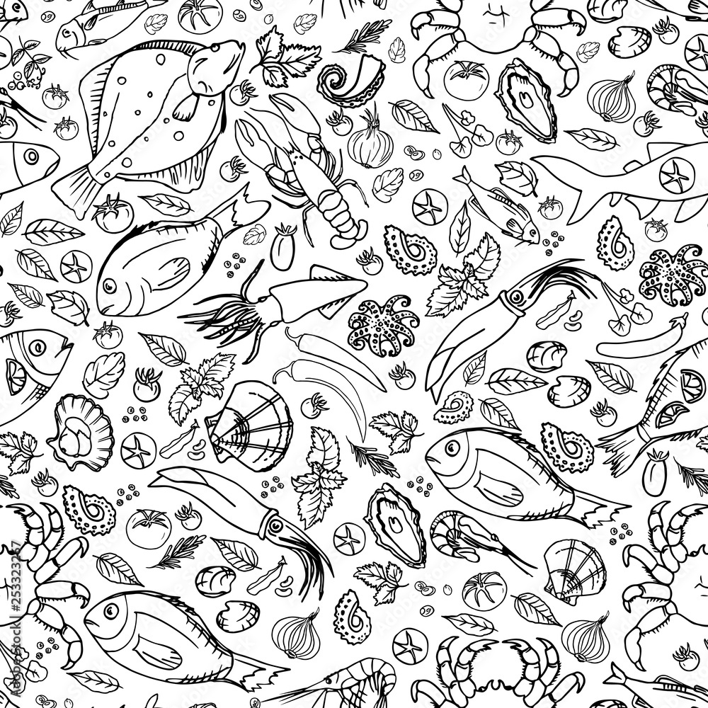 Pattern on a white background with seafood and fish contour black. Pattern on a white background with seafood and fish contour black.