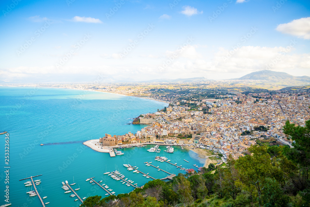 Aerial panoramic view of Castellammare del Golfo town, Trapani, Sicily, Italy