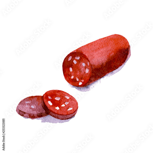 Smoked sausage and two pieces of sliced. Watercolor illustration isolated on white background. Vector