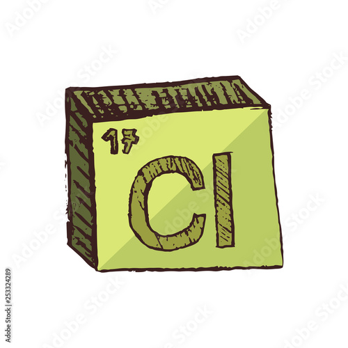 Vector three-dimensional hand drawn chemical yellow-green symbol of gas chlorine with an abbreviation Cl from the periodic table of the elements isolated on a white background.