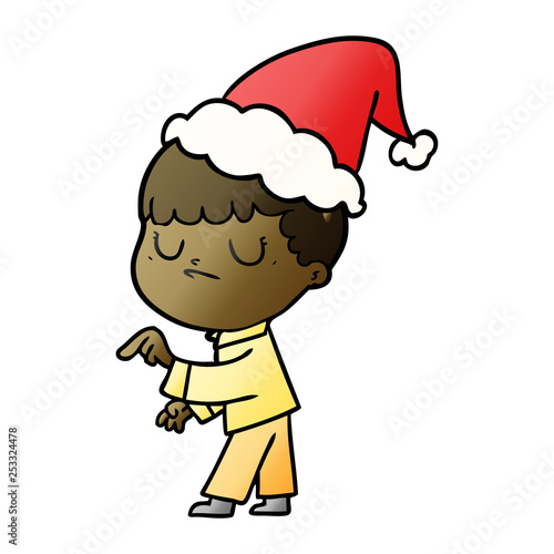 gradient cartoon of a grumpy boy wearing santa hat