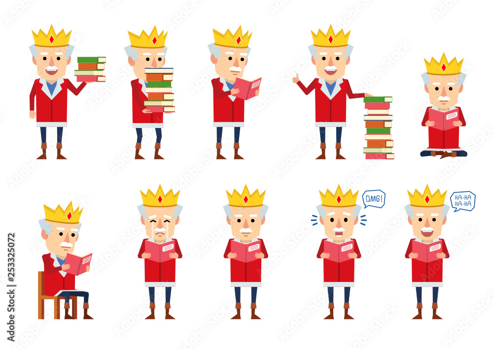 Set of old king characters posing with book in various situations. Cheerful king reading a book, crying, surprised and showing other actions. Flat design vector illustration Set of old king characters posing with book in various situations. Cheerful king reading a book, crying, surprised and showing other actions. Flat design vector illustration
