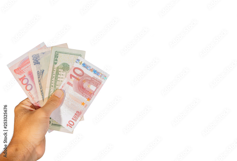 Many currency bangknote in hand with white background Many currency bangknote in hand with white background